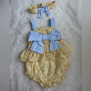Yellow Floral Baby Romper with Blue Bow 6-9М